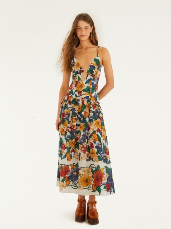 FARM Rio Dresses & Skirts - Farm Rio: Off-White Tropi Embroidered Maxi Dress